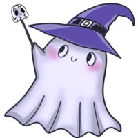 cute Halloween ghost with purple witch hat and Skeleton wand png