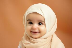 Ai generated studio portrait of cute little baby kid of different nationalities on different colors background photo