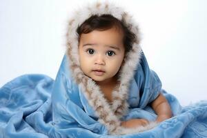 ai generado estudio retrato de linda pequeño bebé niño de diferente nacionalidades en diferente colores antecedentes foto