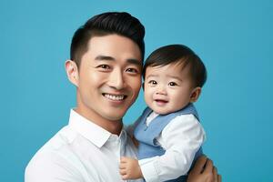 Ai generated studio portrait of handsome man holding infant baby in his hands on different colour background photo