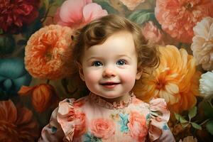 Ai generated studio portrait of cute little baby kid of different nationalities on different colors background photo