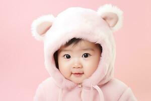 Ai generated studio portrait of cute little baby kid of different nationalities on different colors background photo