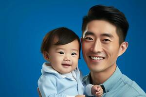 Ai generated studio portrait of handsome man holding infant baby in his hands on different colour background photo