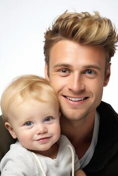 ai generado estudio retrato de hermoso hombre participación infantil bebé en su manos en diferente color antecedentes foto