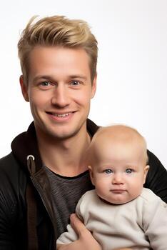 ai generado estudio retrato de hermoso hombre participación infantil bebé en su manos en diferente color antecedentes foto