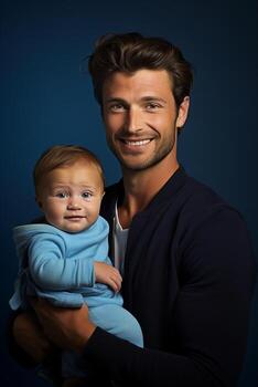 ai generado estudio retrato de hermoso hombre participación infantil bebé en su manos en diferente color antecedentes foto