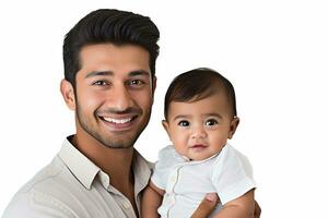 Ai generated studio portrait of handsome man holding infant baby in his hands on different colour background photo