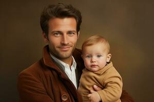 Ai generated studio portrait of handsome man holding infant baby in his hands on different colour background photo