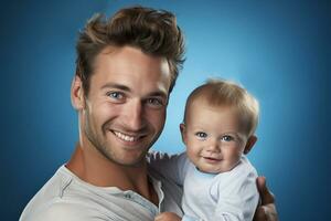 Ai generated studio portrait of handsome man holding infant baby in his hands on different colour background photo