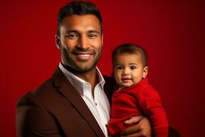 Ai generated studio portrait of handsome man holding infant baby in his hands on different colour background photo