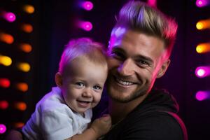 ai generado estudio retrato de hermoso hombre participación infantil bebé en su manos en diferente color antecedentes foto