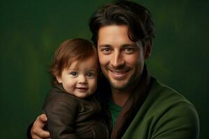 Ai generated studio portrait of handsome man holding infant baby in his hands on different colour background photo