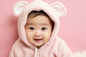 Ai generated studio portrait of cute little baby kid of different nationalities on different colors background photo