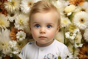 Ai generated studio portrait of cute little baby kid of different nationalities on different colors background photo