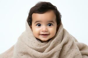 Ai generated studio portrait of cute little baby kid of different nationalities on different colors background photo