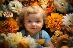 Ai generated studio portrait of cute little baby kid of different nationalities on different colors background photo