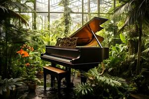 Ai generated grand piano standing at nature and in interior photo