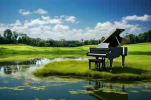 Ai generated grand piano standing at nature and in interior photo