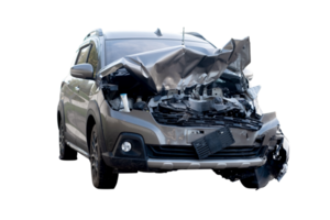 PNG File,Front and side of new bronze car get damaged by accident on the road. damaged cars after collision. isolated on transparent background, car crash bumper graphic design element
