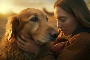 Lovely portrait of woman hugging golden Retriever dog. Generate ai photo