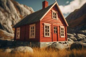 Small red wooden house. Generate Ai photo