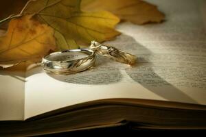 Two golden wedding rings book page with autumn leaves. Generate ai photo