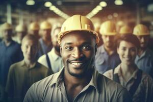 sonriente fábrica trabajadores ingeniero supervisor. generar ai foto