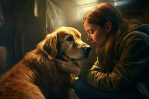 Woman embracing golden Retriever dog. Generate ai photo