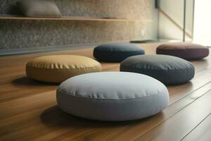 Modern meditation cushion home floor. Generate Ai photo