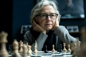 Professional chess player senior woman. Generate Ai photo