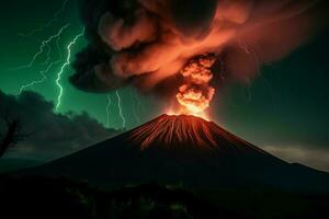 Volcano black sky eruption with lightning bolt. Generate Ai photo