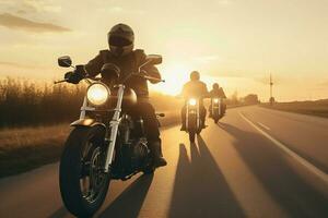 Motorcyclists road sunset ride nature outdoor. Generate Ai photo