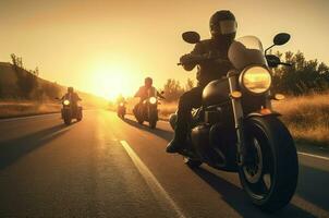 Motorcyclists road sunset ride. Generate Ai photo