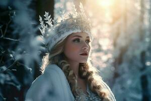 Snow queen winter forest portrait. Generate Ai photo