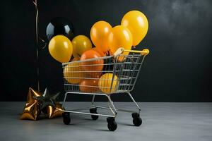 Supermarket cart yellow orange balloons. Generate Ai photo