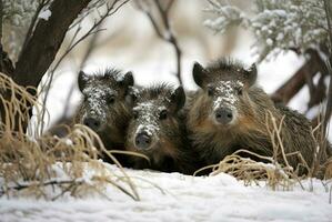 Furry javelina animals in winter snowy season. Generate ai photo