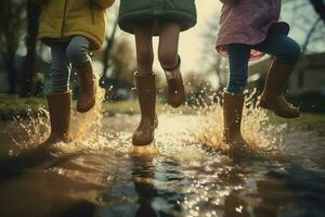 Happy children in rubber boots playing in rain outdoor water. Generate ai photo