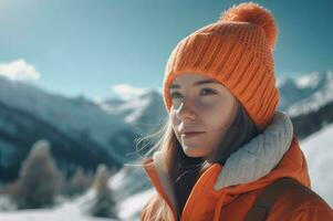 Smiling girl orange hat in winter mountains. Generate Ai photo