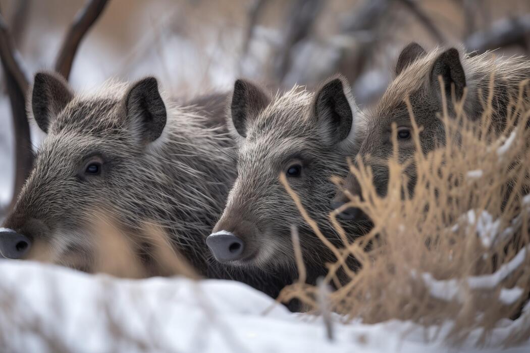 Wild boar in winter forest. Animal in nature habitat. Big