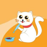 Vector illustration with cute cat eats fish. Illustration in a simple flat style