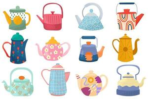 Set of cute teapots with abstract design. Kettle isolated on white background vector