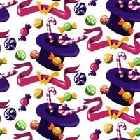 Pattern with a purple hat with sweets. The world of Willy Wonka hats with sweets. The chocolate factory. Willy Wonka. Various candies fly out of a hat with a ribbon and the letter W, white. Seamless vector