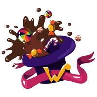 púrpura sombrero con caramelo. el mundo de colita wonka sombrero con ficticio dulces el chocolate fábrica. colita wonka. chocolate y varios golosinas mosca fuera de el sombrero, con un cinta y el letra w en blanco vector