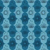 Blue mystery outline pattern with space items. Duotone contour esoteric elements. Vertical print design good for background, wrapping, textile, background, scrapbooking, stationary vector