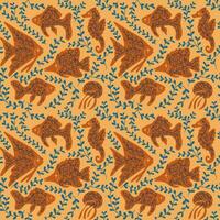 Mystical flat seamless pattern with fish and plants. Hand drawn sea creatures on golden background. Good for background, wrapping, textile, background, scrapbooking vector