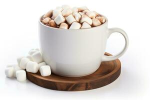 A steaming mug of hot cocoa by the fireplace isolated on a white background photo