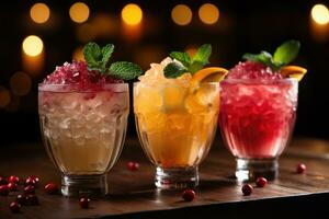 Colorful holiday cocktails adorned with festive garnishes background with empty space for text photo