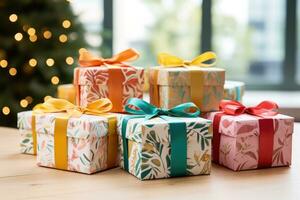 Brightly patterned paper transforming plain boxes into festive Christmas presents photo