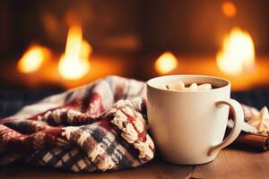 Cozy fireplace scene with hot cocoa background with empty space for text photo