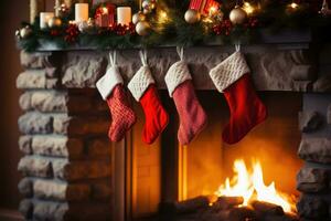 Hanging Christmas stockings by fireplace festive decor background with empty space for text photo